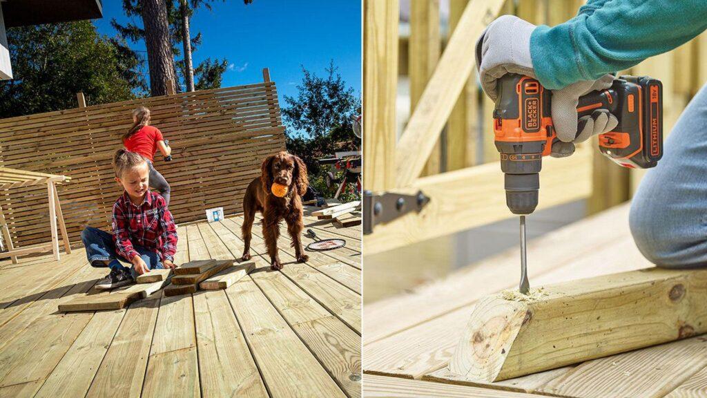 Barn og hund på terrasse med dame som arbeider i bakgrunnen. Person som bruker drill på terrassebord. 