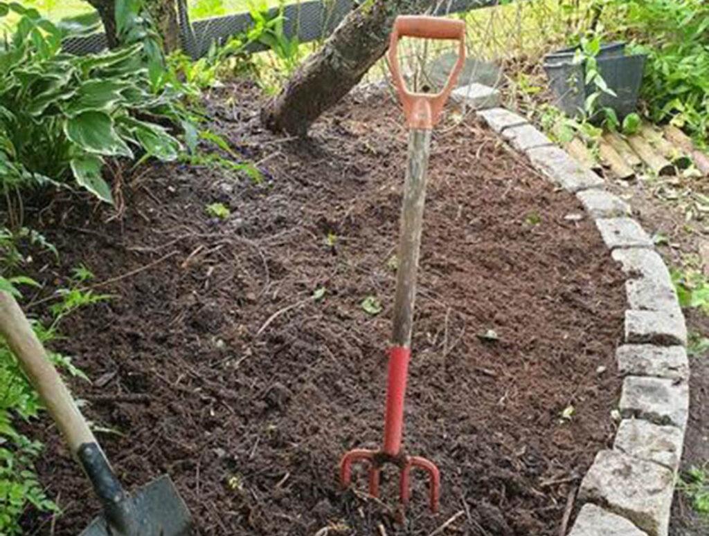 jord fra kompost brukt i blomsterbed hagegaffel i beddet