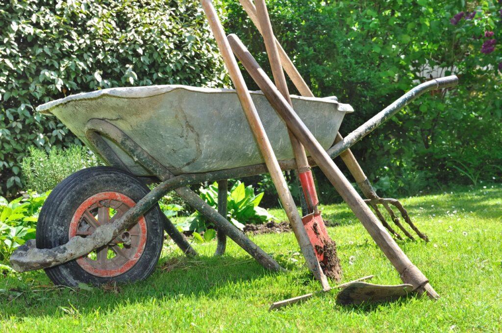 Trillebår som står i en grønn frodig hage. Lent på trillebåren står forskjellige hageredskaper som rake og spade. Vi har samlet åtte geniale hageredskap.