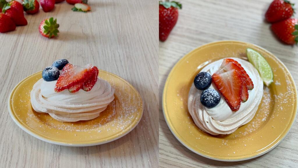 Oppskrift på mini-pavlova. Kake på en gul tallerken. 17 mai kake.