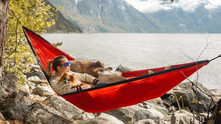 Dame og hund i rød hengekøye med utsikt ut over fjellvann.