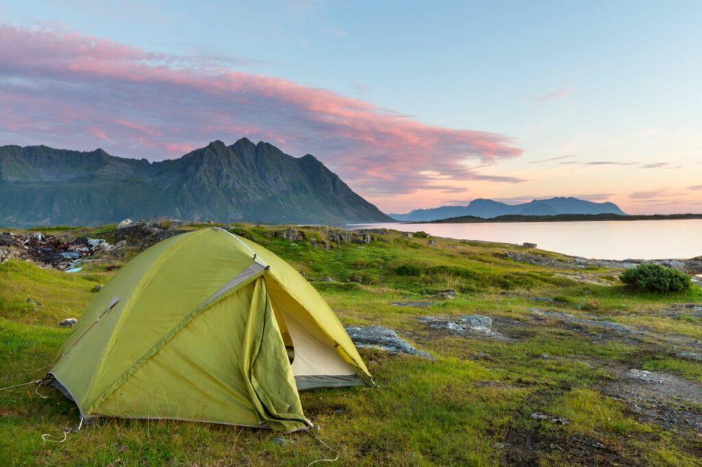 Et grønt telt er satt opp på en gresskledd slette i Lofoten i nærheten til havet. I bakgrunnen ser man spisse fjell. Det er solnedgang som maler himmelen i rosa og blå nyanser, og landskapet speiler seg i det rolige vannet. Vi hjelper deg med å velge riktig telt til teltturen. Vi forteller om forskjellene mellom pop-up telt, helårstelt, friluftstelt, campingtelt, 3-sesongstelt, familietelt og tarp.