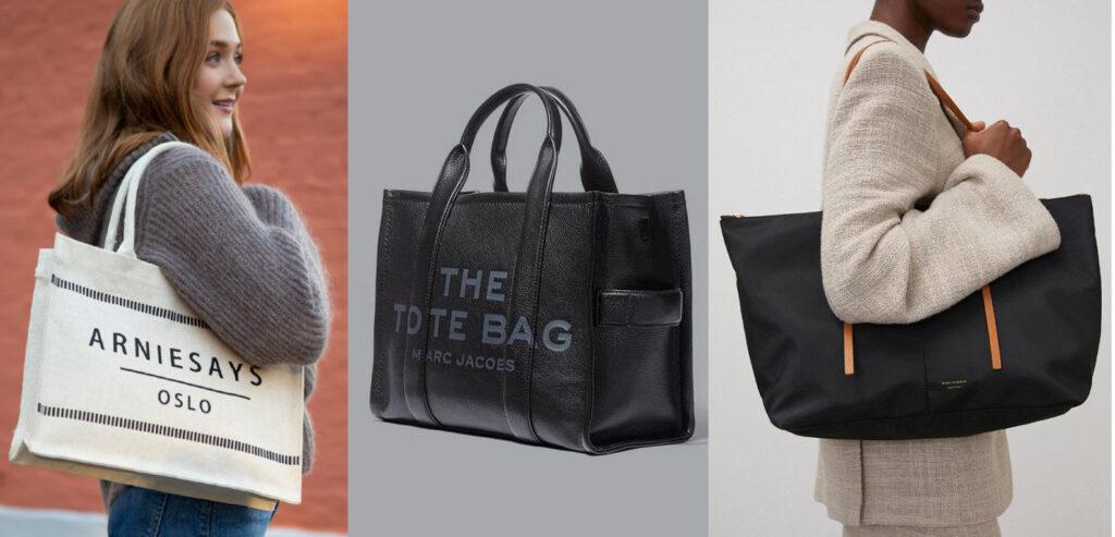 3 bilder av damer med tote bags. Venstre: Dame med beige tote bag fra Arnie says foran en rød vegg. Midten: Svart Marc Jacobs tote bag: «The tote bag» i svart skinn med logo på forsiden. Høyre: Kvinne i lys jakke med en svart By Malene Birger-tote bag. 