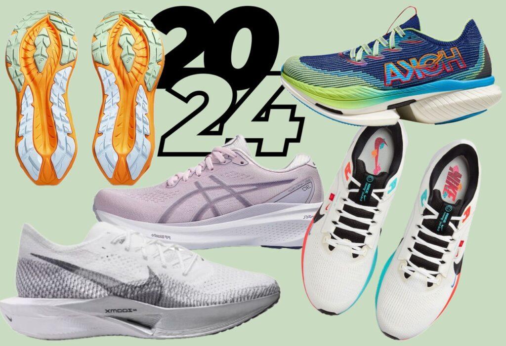 Kollasj av joggesko og løpesko som alle er best i test til dame og herre i 2024. Skoene er fra merker som Hoka, Nike og Asics.