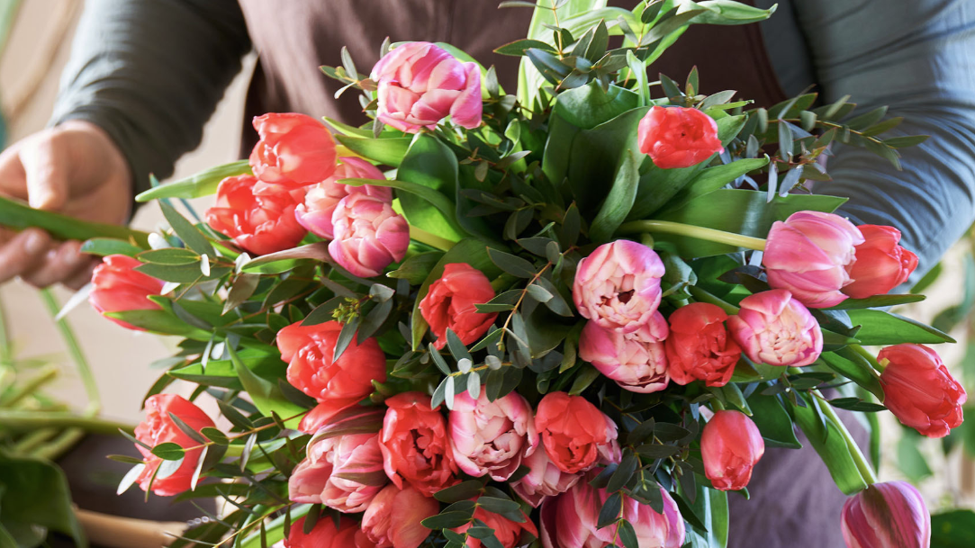 Bilde av nydelige tulipaner i ulik rosafarge. en gave den kjære kommer til å elske på valentinsdagen.