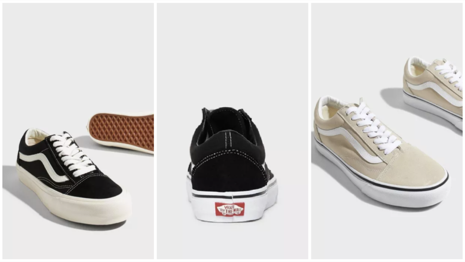 Bilde av tre ulike par med vans. To i sort og en i beige.