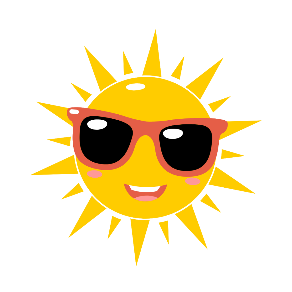 Grafikk av en gul sol med smilefjes og røde solbriller. Vi svarer på spørsmål som: Hva er UV-indeks? Hvordan sjekke UV-indeks? Når er UV-indeksen høyest? Hva er høy UV-indeks? og hvilken UV-indeks blir man brun av?