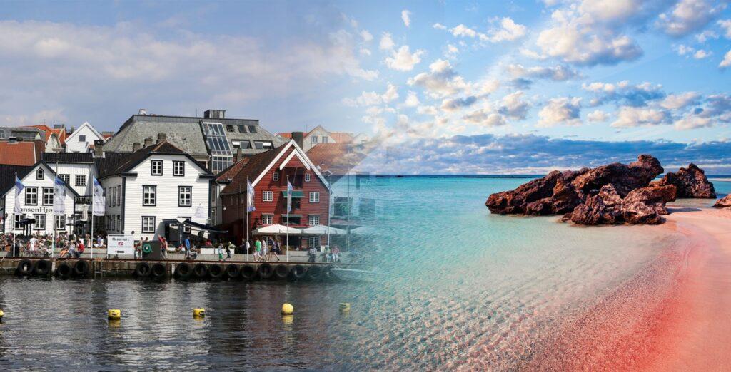 To bilder som har smeltet sammen til ett bilde. Til venstre ser du den kjente bryggen i Stavanger som «smelter» inn i et bilde av en strand på Kreta i Hellas. Vi hjelper deg med å finne restplasser fra Stavanger til syden slik at du enkelt kan finne billige reiser fra Sola lufthavn.