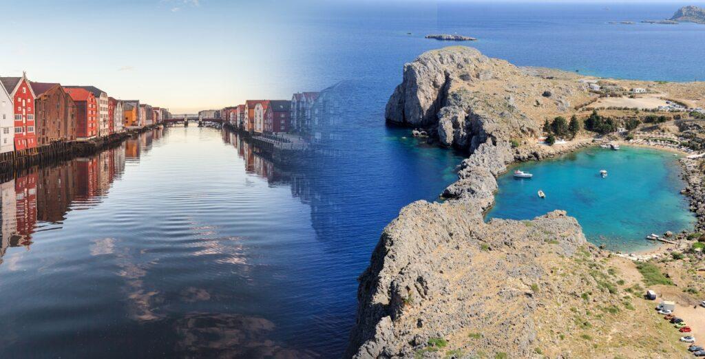 To bilder smeltet sammen til ett bilde. PÅ bilde til venstre ser du trondheim, og til høyre et bilde av den greske øya Rhodos i Hellas, Middelhavet. Vi hjelper deg med å finne restplasser fra Trondheim til syden slik at du enkelt kan finne billige reiser fra Værnes lufthavn.