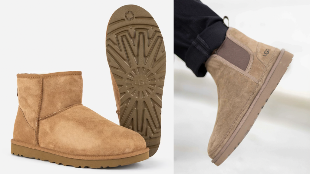 Dette bilde viser to par lave UGG vintersko til herre. UGGs herresko kombinerer stil og komfort for de kalde månedene. Disse skoene gir en perfekt blanding av varme og moderne design, og er et ideelt valg for enhver anledning i vintersesongen