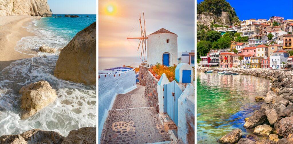 Tre bilder fra Hellas som er satt sammen til ett bilde. På det første bilde ser du bølger slå opp på steiner som ligger på en gyllen strand, på det andre bildet ser du en brostensbelagt gate på Santorini med en hvit mur på begge sidene og et rundt murbygg i enden som soler seg i solnedgangen, ogg på det tredje bildet ser man fargerike hus i byen Preveza som ligger på fastlandet. Vi hjelper deg med å planlegge Hellas-ferien ved å svare på «Hvor i Hellas skal man reise?». Vi har snakket med reiseekspert Odd Roar Lange som kommer med tips som Syros, Alonissos, Karpathos, Lefkas, Thassos, Preveza, Ioannina, Parga, Kreta, Samos, Santorini, Rhodos og Kos.