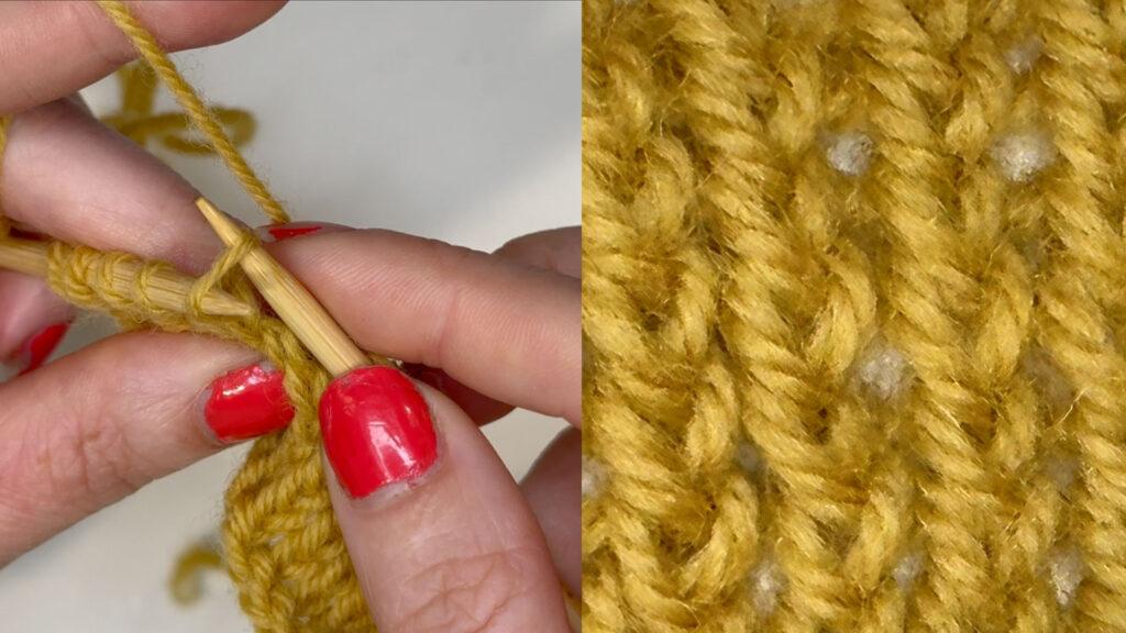 Hender som strikker med sennepsgult garn. Ferdige strikkemasker som er strikket vridd rett.