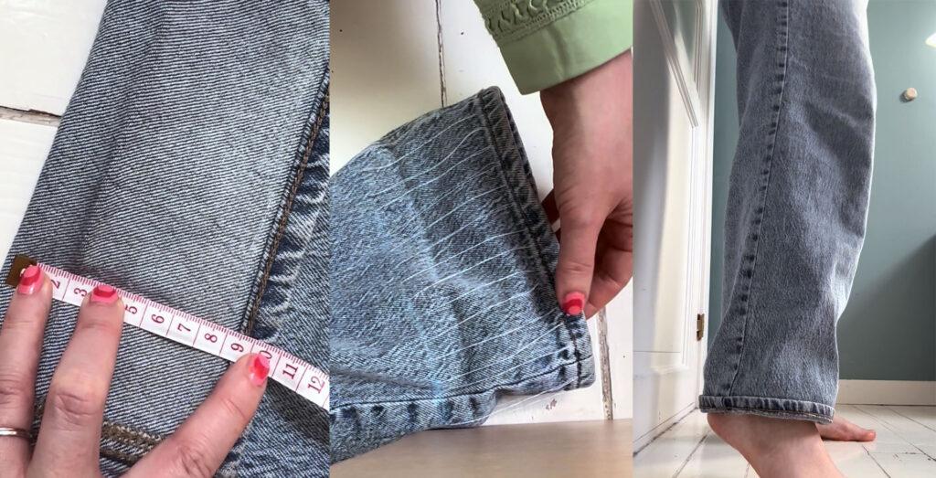 Tre bilder som viser hvordan man legger opp bukser med nål og tråd uten å klippe.