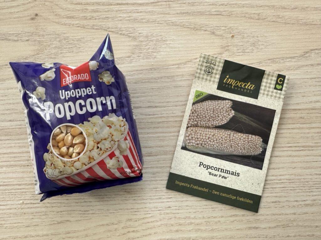 To poser ligger på en kjøkkenbenk. Den ene posen er upoppet popcorn, den andre er en frøpose med popcornmais.