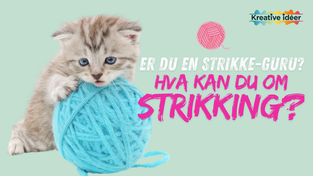 Kattunge som holder et turkis garnnøste. tekst som sier Er du en strikkeguru? Hva kan du om strikking?
