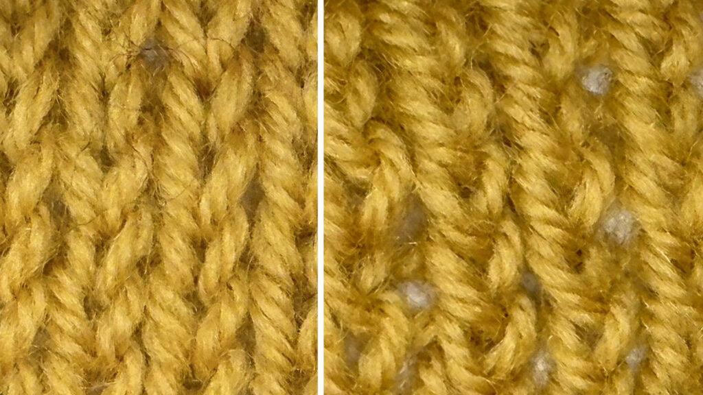 To ulike strikketøy i sennepsgult garn. Bildet til venstre viser masker i rettstrikk, bildet til høyre er masker i vridd rett.