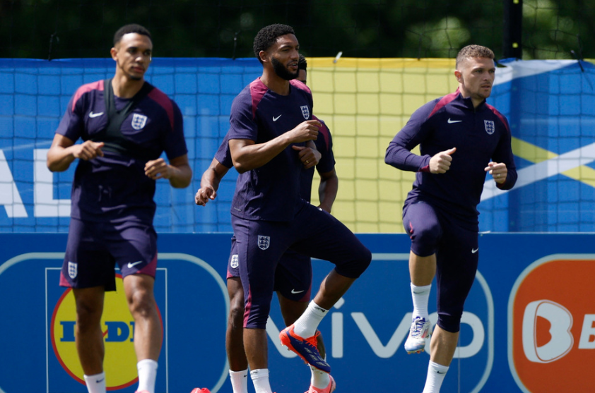 Soccer Football - Euro 2024 - England Training - Blankenhain, Germany - June 24, 2024 England's Kieran Trippier, Joe Gomez and Trent Alexander-Arnold during training