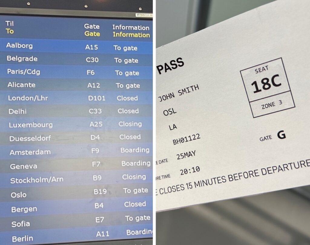 Bildet er delt i to. Den venstre delen viser en flyplassavgangstavle med forskjellige destinasjoner, gater og boardinginformasjon. Destinasjonene inkluderer blant annet Paris, Alicante, London, Düsseldorf, Amsterdam, Geneva, Stockholm og Berlin. Gate-informasjon varierer fra A12 til F9, og statusen viser alt fra " Go to gate" til "Closed" og "Boarding". Den høyre delen av bildet viser et boardingkort med navnet "John Smith". Flyet går fra Oslo (OSL) til Los Angeles (LA) med gate G og setenummer 18C. Avreisedatoen er 25. mai, og avgangstiden er 20:10. Kortet nevner at gaten stenger 15 minutter før avgang. Vi har snakket med kommunikasjonssjef på Oslo Lufthavn som forteller alt du må vite om den nye «gate G» på Gardermoen.