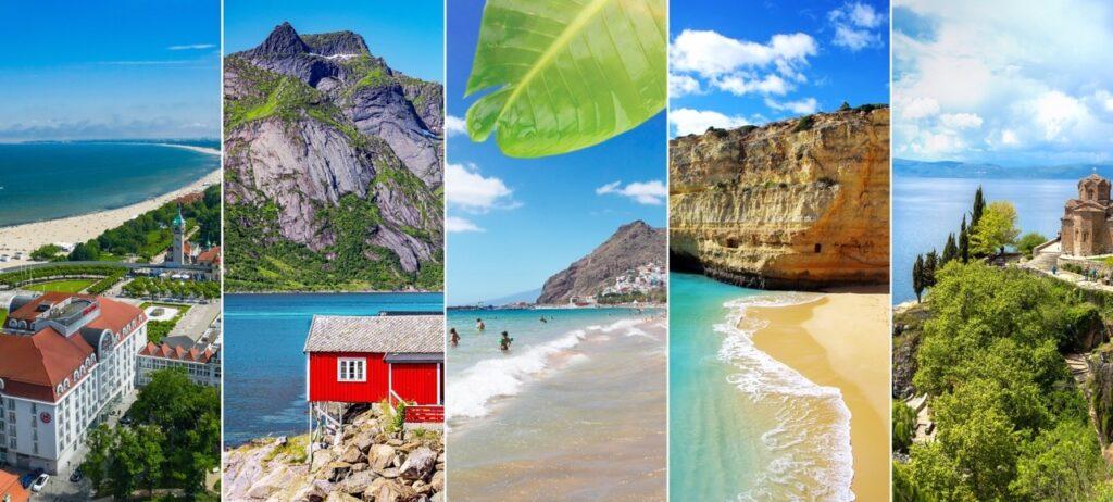 Bildet viser en collage av fem forskjellige destinasjoner i Europa, som illustrerer vakre landskap og feriesteder som inkluderer (fra venstre) Sopot i Polen, Lofoten i Norge, Tenerife blant Kanariøyene, Algarvekysten i Portugal og Nord-Makedonia. Hetebølger herjer i Europa, spesielt langs Middelhavet. Land som Hellas, Kypros og Tyrkia opplever ekstremvarme med temperaturer opp mot 40 grader. Vi gir deg alternative destinasjoner hvor du er mindre utsatt for ekstreme temperaturer. Reis til Sopot i Polen, Nord-Makedonia, Algarvekysten, Kanariøyene eller på norgesferie i år.