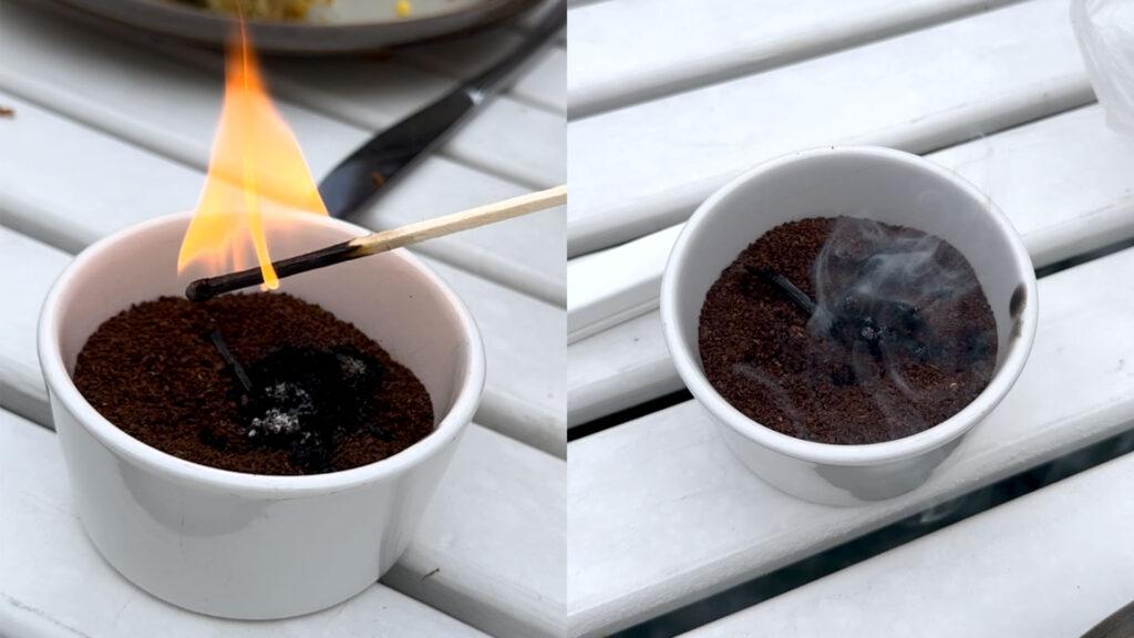 To bilder av en liten skål med kaffe. I bildet til venstre settes en fyrstikk med flamme på kaffen, i bildet til høyre ryker det av kaffen.