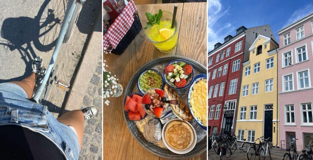 3 bilder fra København. Dame på sykkel med svart topp, blå dongerishorts og converse (f.v), brunsj på en av Københavns restauranter kalt Flottenheimer, bilde av fargerike hus som i Nyhavn i Danmarks hovedstad. Jeg deler mine beste tips fra København, og både Michelin-restauranten ARK, rimeligere Gourmetrestauranter som Høst og Vækst, og restaurant på en båt kalt Kontiki. Jeg forteller også om badeplassen, restauranten og sauna-utleien La Banchina, isbar med verdens beste iskrem kalt Ismageriet, mulighet for leie av kajakk og sykkeltur til Christiania. Vinbaren med mulighet for vinsmaking kalt Champagne Kælderen, brunsj på café Flottenheimer, lån av kajakk hos Kayak Bar i  i Danmarks hovedstad.