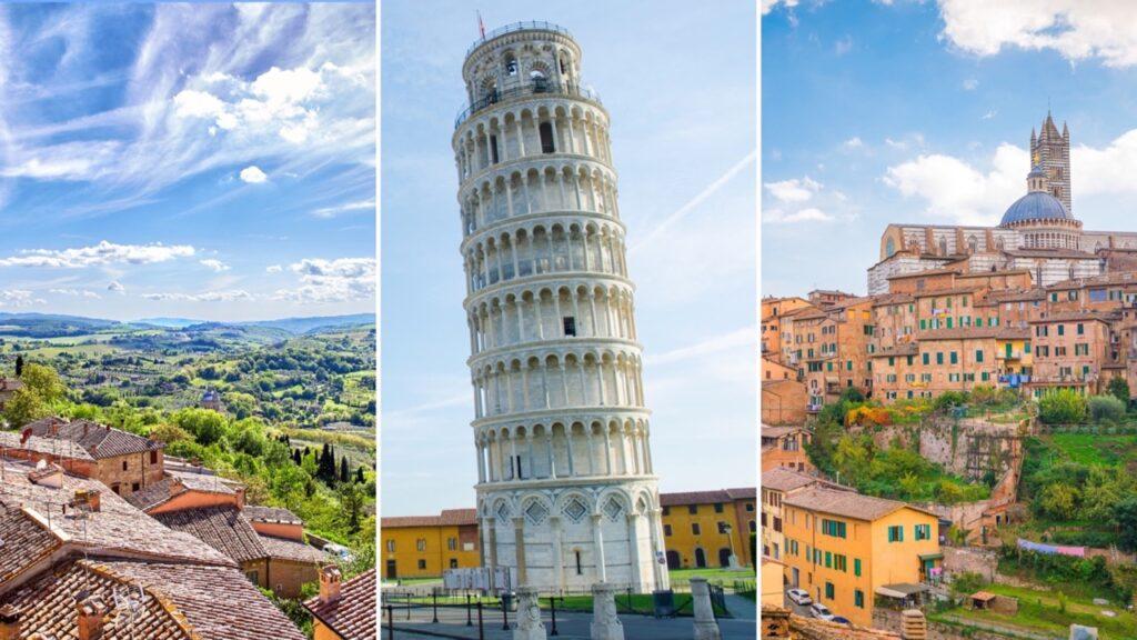 En collage av tre bilder som viser forskjellige ikoniske steder i Toscana, Italia. Til venstre er en panoramautsikt over Montepulciano med grønne åser og tradisjonelle bygninger med røde tak under en blå himmel med skyer. I midten er det skjeve tårnet i Pisa som står på et grønt område med en klar blå himmel i bakgrunnen. Til høyre er den pittoreske byen Siena med sin karakteristiske katedral på toppen av en ås, omgitt av historiske bygninger og frodige hager under en delvis skyet blå himmel. Vi har laget en omfattende guide til Toscana i Italia hvor vi blant annet forteller om fem populære byer som Firenze, Pisa, Siena, Montepulciano og Volterra. Vi gir deg også forslag til tre kjøreruter du kan ta for å oppleve vingårder og resten av Toscana. La deg inspirere av den italienske regionen som fikk sitt eget TV-program; «Den store matfesten - Toscana»