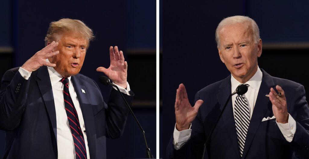 Kombinasjonen av to bilder viser tidligere president Donald Trump, venstre, og president Joe Biden under den første presidentdebatten i september 2020 i Cleveland.