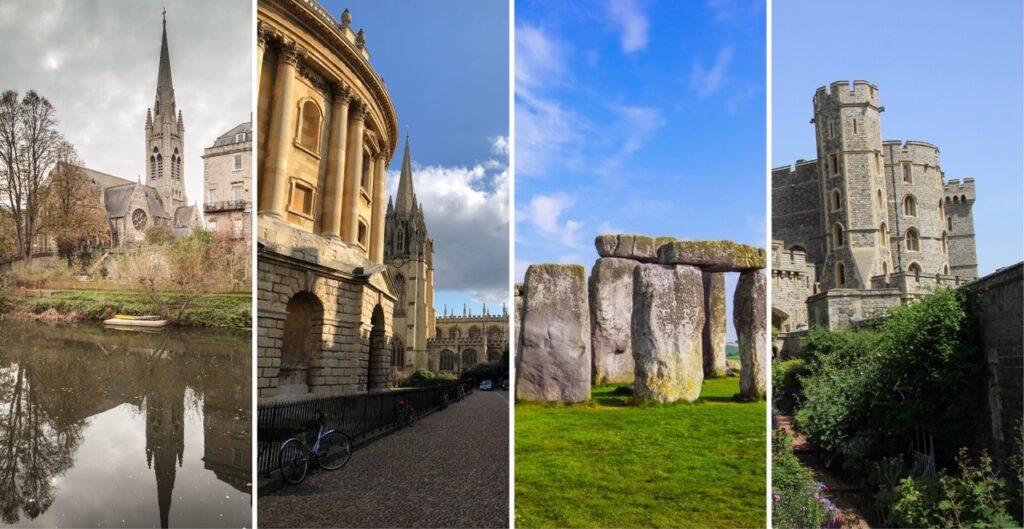 Fire bilder sammensatt til ett bilde, de fire bildene viser forskjellige gamle bygninger i England, inkludert Stonehenge, Windsor Castle ox Oxford. Vi har samlet fem flotte dagsturer fra storbyen London i England, her finner du inspirasjon til turer til blant annet Oxford, Bath, Brighton, Stonehenge og Windsor Castle.