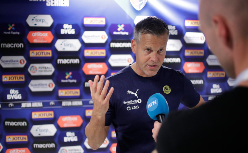 Sandefjord 20240713. Bodø/Glimts trener Kjetil Knutsen i mixed zone etter eliteseriekampen i fotball mellom Sandefjord og Bodø/Glimt på Jotun Arena. (Kampen endte 2-1)