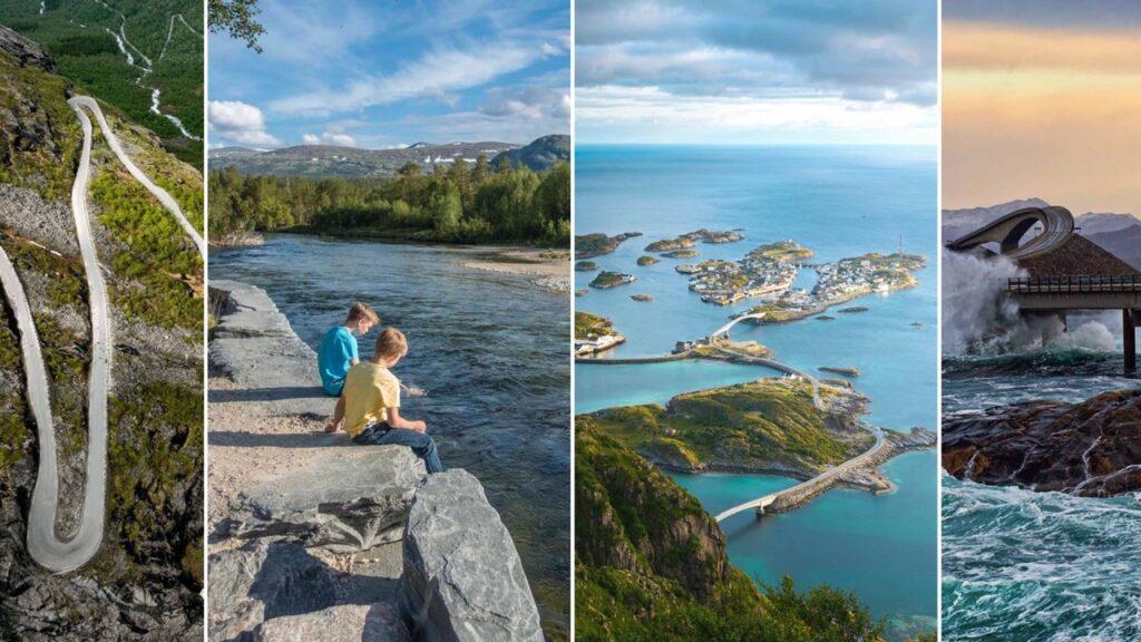 En collage av fire bilder som viser ulike naturskjønne steder i Norge. Fra venstre til høyre: 1. Et luftfoto av den svingete veien Trollstigen som snor seg gjennom et grønt og steinete fjellandskap. 2. To barn sitter på en steinkant ved siden av en elv, omgitt av frodig vegetasjon og fjell i bakgrunnen. 3. Et oversiktsbilde av en kystlinje med små øyer og broer som forbinder dem, sett fra høyden. 4. En dramatisk scene av Atlanterhavsveien med høye bølger som slår mot en av broene under en fargerik himmel ved solnedgang eller soloppgang. Her får du tips til syv vakre bilturer i Norge som er perfekt for norgesferien. Geiranger og Trollfjorden, Atlanterhavsveien, Lofoten, Hardanger, Rondane, Gamle Strynefjellsvegen, Senja.