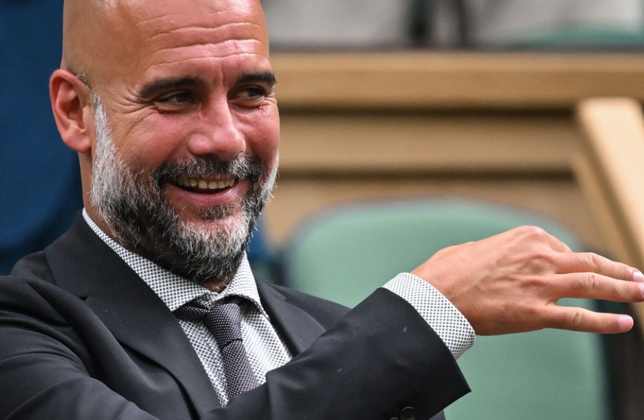 Manchester City's Spanish coach Pep Guardiola reacts in Royal box on Centre Court during the sixth day of the 2024 Wimbledon Championships at The All England Lawn Tennis and Croquet Club in Wimbledon, southwest London, on July 6, 2024. 