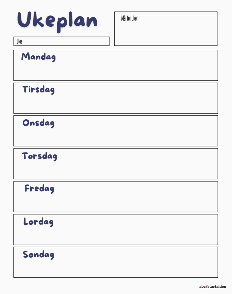 Bilde av en gratis ukeplan over ukens trening hvor man kan føre inn planlagte treningsøkter, treningsprogram og mål for hele uken. Dette kan du bruke til Cornelis Elander sitt gratis treningsprogram, med alt fra styrkeøvelser og cardio, som alle kan gjennomføres hjemme og med kroppsvekt eller manualer. Med dette treningsprogrammet kommer du i form i sommer, og det passer for både nybegynnere, mer erfarne og godt trente!