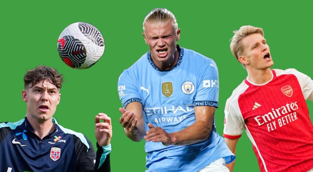 Premier League norske spillere 2024 og 2025: Collage av Strand Larsen, Haaland og Ødegaard.