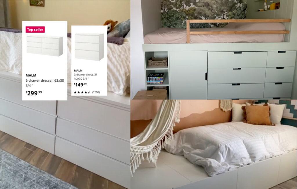 3 bilder av ulike senger bygget med ikea-skap