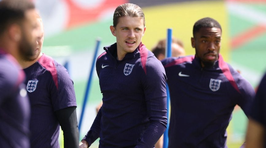 England's midfielder #16 Conor Gallagher attends an MD-1 training session at the team's base camp in Blankenhain, on July 13, 2024, on the eve of their UEFA Euro 2024 final football match against Spain.