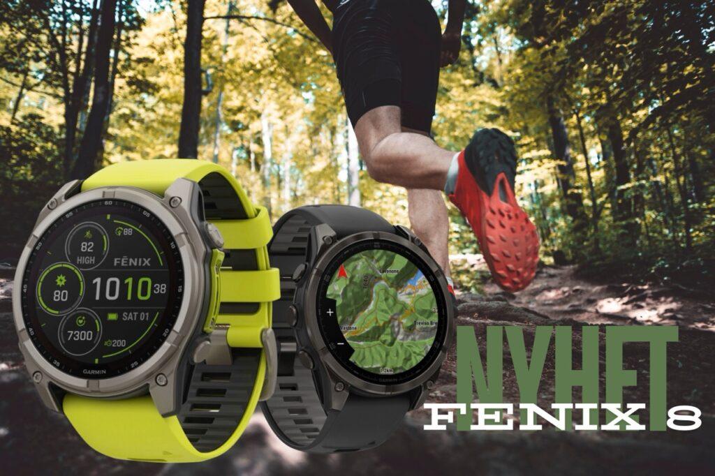 Bildet viser to Garmin Fenix 8-klokker side ved side (Garmin Fenix 8 SOLAR Sapphire og Garmin Fenix 8 AMOLED) med en bakgrunn med en person som løper på en sti i en skog. Personen har på seg en løpeshorts og røde tur/løpesko. Klokken til venstre har en lys, grønn reim og viser et digitalt urskive med data som antall skritt, dato, puls, høyde og batteritid. Klokken til høyre har en mørk grå reim og viser et topografisk kart på skjermen med et kompass og detaljer om geografiske områder og høyder. Begge klokkene har robuste rammer og knapper på siden, noe som fremhever deres design for utendørsaktiviteter og sportsbruk. Vi forteller hva som er nytt med treningsklokken/pulsklokken/ GPS-klokken/smartklokken fra Garmin, og hva ekspertene og testene sier!