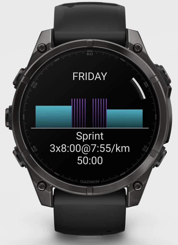 Bildet viser en Garmin Fenix-klokke med en mørk ramme og svart reim. Skjermen viser en treningsøkt for sprintintervaller. Økten er planlagt for en fredag og inkluderer tre repetisjoner av 8 minutters sprint med en hastighet på 7:55 per kilometer, totalt 50 minutter. Klokkens display har en grafisk fremstilling av treningsøkten med søylegrafikk for intensitet. Klokken har en robust og sporty design, med tydelige knapper på siden, som er typisk for Garmins Fenix-serie, rettet mot brukere som driver med løping, sport og friluftsaktiviteter. Vi forteller hva som er nytt med treningsklokken/pulsklokken/ GPS-klokken/smartklokken fra Garmin, og hva ekspertene og testene sier!