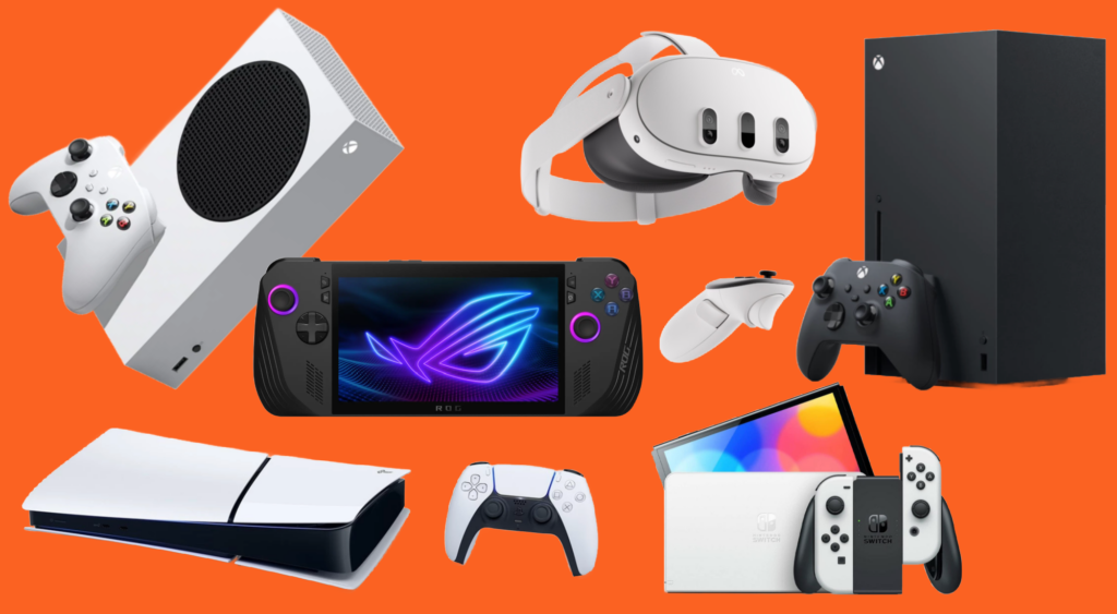 Hvilken konsoll er best? Collage av Xbox, Playstation 5, Nintendo Switch, Meta Quest 3 og Asus ROG Ally