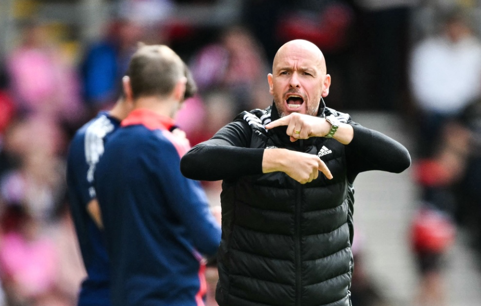 Manchester United's Dutch manager Erik ten Hag reacts during the English Premier League football match between Southampton and Manchester United at St Mary's Stadium in Southampton, southern England on September 14, 2024. 