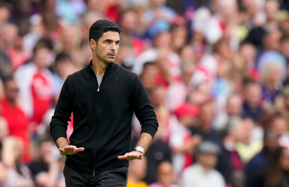 Arsenal's manager Mikel Arteta reacts during the English Premier League soccer match between Arsenal and Brighton, at Emirates Stadium in London, Saturday, Aug. 31, 2024.