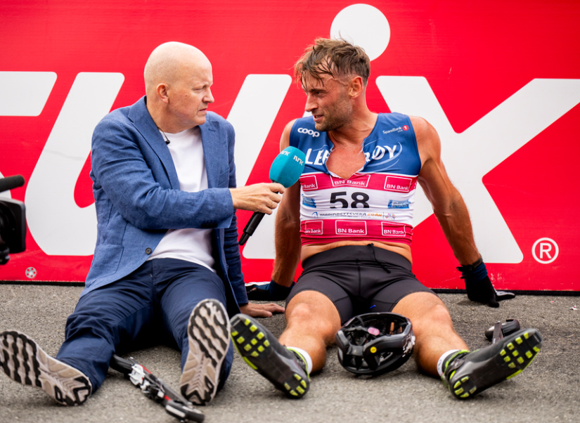 Trondheim 20240817. Petter Northug i målområdet etter jaktstart-finalen (12km) i Toppidrettsveka 2024 i Granåsen