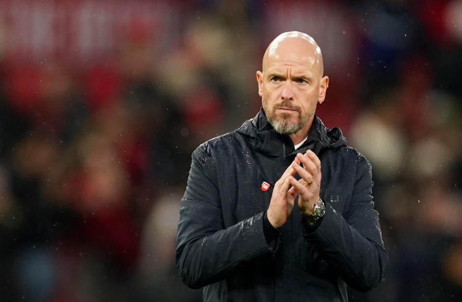 Manchester United's head coach Erik ten Hag applaud supporters at the end of the English Premier League soccer match between Manchester United and Tottenham Hotspur at Old Trafford stadium in Manchester, England, Sunday, Sept. 29, 2024.