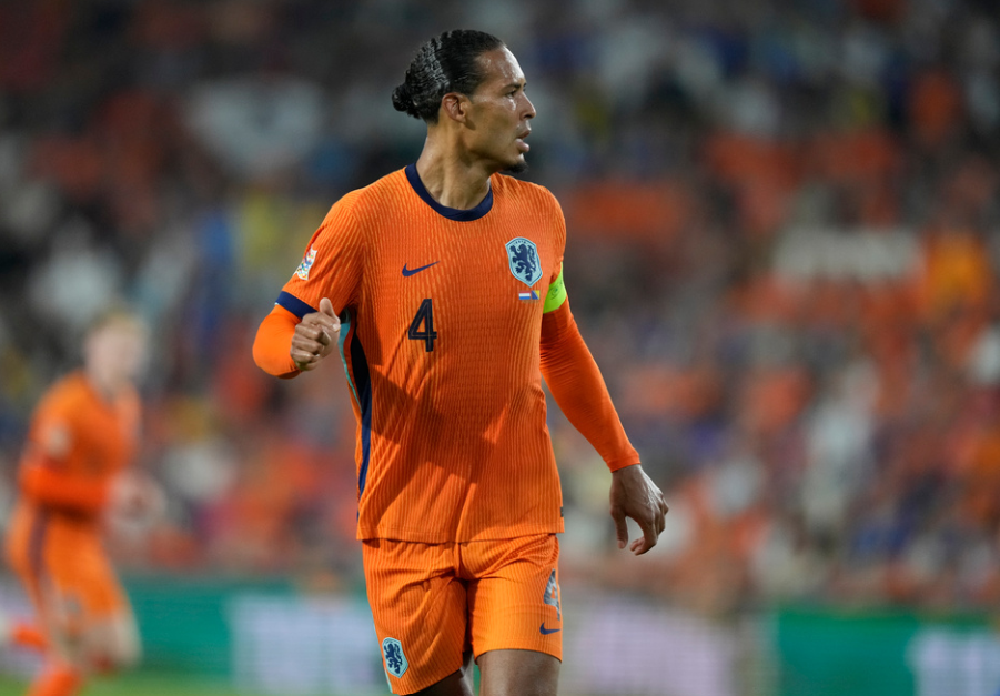 Virgil van Dijk of the Netherlands reacts during the Group C UEFA Nations League soccer match between Netherlands and Bosnia-Herzegovina at the Philips Stadium in Eindhoven, Netherlands, Saturday, Sept. 7, 2024