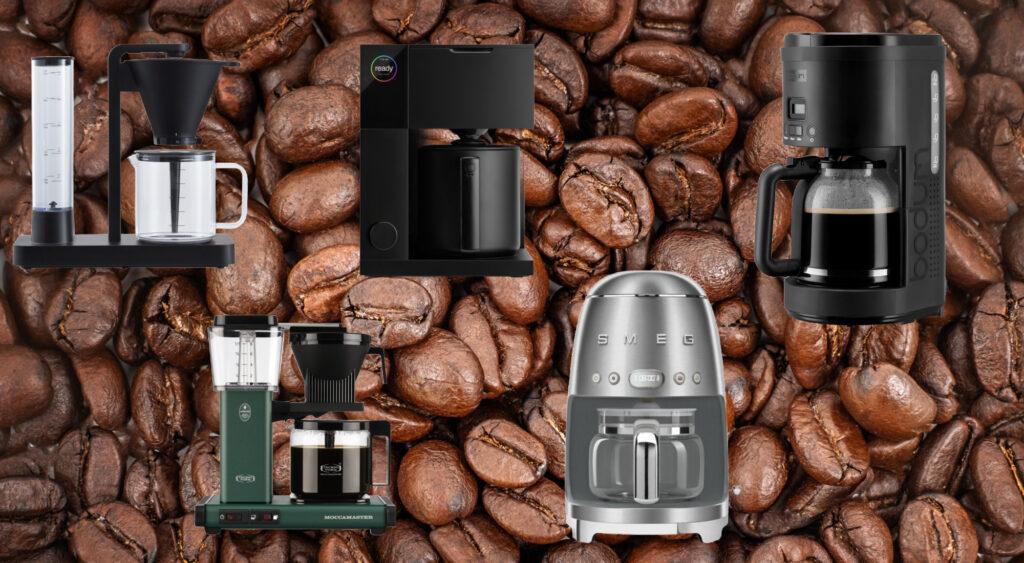 Kaffetrakter best i test: Collage av modeller fra Wilfa, Moccamaster, Smeg, Bodum og Fellow.