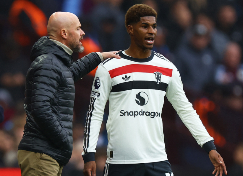 Soccer Football - Premier League - Aston Villa v Manchester United - Villa Park, Birmingham, Britain - October 6, 2024 Manchester United manager Erik ten Hag and Marcus Rashford 