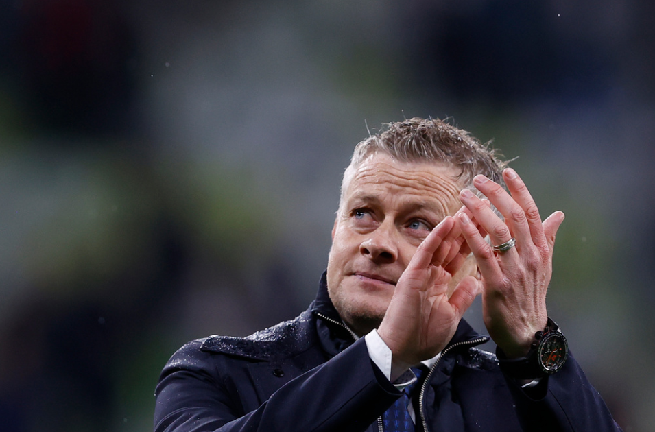 Manchester United's manager Ole Gunnar Solskjaer applauds fans after the Europa League final soccer match between Manchester United and Villarreal in Gdansk, Poland, Wednesday, May 26, 2021. Manchester United has fired Ole Gunnar Solskjaer after three years as manager after a fifth loss in seven Premier League games. United said a day after a 4-1 loss to Watford that “Ole will always be a legend at Manchester United and it is with regret that we have reached this difficult decision."