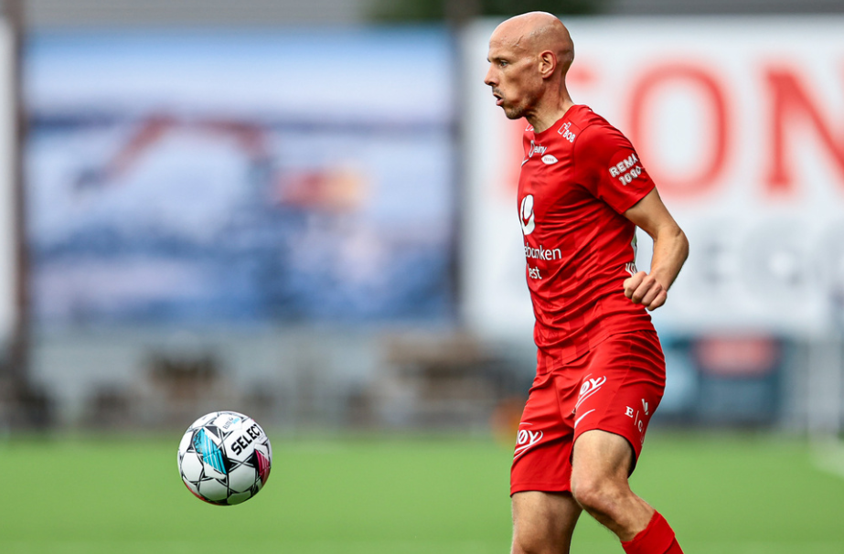 Sandefjord 20240915. Branns Ruben Kristiansen under eliteseriekampen i fotball mellom Sandefjord og Brann på Jotun arena.