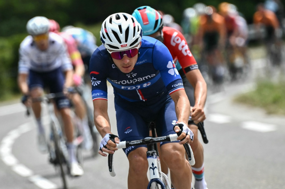 (FILES) Groupama - FDJ team's French rider Valentin Madouas cycles in a breakaway at the start of the 19th stage of the 111th edition of the Tour de France cycling race, 144,6 km between Embrun and Isola 2000, in the French Alps, on July 19, 2024. Julian Alaphilippe, Romain Bardet and Olympic runner-up Valentin Madouas will spearhead the French team at the Road World Championships in Zurich, coach Thomas Voeckler announced on September 20, 2024.