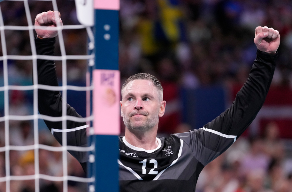 Sweden goalkeeper Andreas Palicka celebrates after a goal during a quarterfinal handball match between Denmark and Sweden at the 2024 Summer Olympics, Wednesday, Aug. 7, 2024, in Villeneuve-d'Ascq, France.