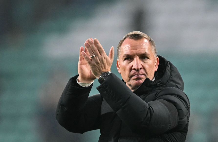 Celtic's Northern Irish head coach Brendan Rodgers applauds at the end of the UEFA Champions League football match between Celtic and RB Leipzig at Celtic Park stadium, in Glasgow, Scotland, on November 5, 2024. Celtic wins 3 - 1 against RB Leipzig.